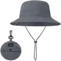 Chapeau bob gris foncé séchage rapide avec jugulaire réglable et pochette pour randonnée. - Chapeau Compactable avec Corde Coupe-Vent / Gris