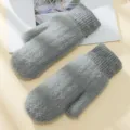 Close up view of soft grey winter plush mittens with ribbed cuffs, cozy fuzzy cold weather gear - Gray - Faux Mink Vertical Striped Mitten Covers