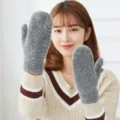 Women's Winter Thickened Warm Grey Knit Mittens, Fleece Lined Cold Weather Gloves Variant - Dark Grey - Short Plush Gloves