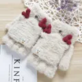 Cute fuzzy half-finger flip gloves for women, cozy winter knitted gloves with cute antlers. - Deer Antler Flip-Top / Beige