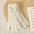 Cute bow knitted gloves detail view, warm winter accessory for women, soft cozy texture. - Beige Bowknot Solid Color Full Finger Gloves