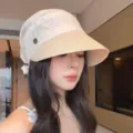 Women summer straw sun hat colorblocked pleated fisherman cap UV protection beach hat - Milky White