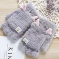 Cute fuzzy half-finger winter gloves with flip top, pink hearts and deer patches for women. - Deer Antler Flip-Top / Gray