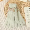 Women cute bow knit gloves winter warm soft cozy cozy outdoor daily wear stylish mittens accessories - Light Green Bowknot Solid Color Full Finger Gloves