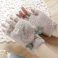 Plush half-finger winter gloves with cute antlers, warm thick flip design for student daily wear. - Deer Antler Flip-Top / Khaki