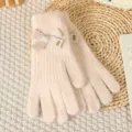 Cozy pink knit gloves for women featuring a cute bow and metal detail, warm winter handwear. - Apricot Bowknot Solid Full-Finger Gloves