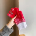 Red winter knitted gloves with cute white snowflake and tree patterns for women warm and cozy. - Christmas Split-Finger / Red