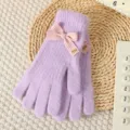 Cute winter knitted gloves with pink bow detail, sweet style warm accessory for women outdoor daily wear. - Purple Solid Color Full Finger Gloves with Bow
