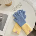 Cozy blue and yellow color-blocked knitted gloves detail view, soft winter wool accessory. - Blue & Yellow Long Color-Block Full-Finger Gloves