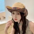 Ethnic style women western cowboy hat spring summer travel sun protection sunshade hat - Khaki