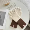Women knitted winter gloves warm thick contrast color cozy stylish daily wear cold weather soft - White & Coffee Long Color-Block Full-Finger Gloves