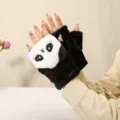 Guanti mezzo dito in peluche panda carini per donne, guanti invernali caldi per uso quotidiano. - Copertura a Scatto Panda in Peluche / Nero