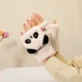 Guanti in peluche mezzo dito con risvolto da donna, calde moffole invernali spesse. - Copertura a Scatto Panda in Peluche / Beige
