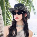 Ethnic style western cowboy hat, spring summer outdoor sun protection fisherman hat variant. - Black