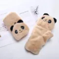Guanti in peluche beige mezzo dito con panda, morbidi caldi spessi guanti invernali per donna. - Copertura a Scatto Panda in Peluche / Cachi
