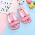 Guanti a maglia rosa senza dita per donne, calde manopole invernali con orecchie di coniglio. - Flip-Top Orecchio di Coniglio Pesca / rosa scuro