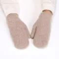 Winter warm knitted fluffy mittens thick fleece lined cozy outdoor cold weather gloves - Camel