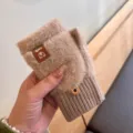 Simpatici guanti in peluche senza dita per donne, caldi e spessi guanti invernali in maglia. - Copertura a Scatto Orso Visone / Cachi