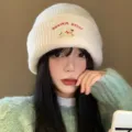 Cute dog embroidery knitted beanie for women, warm winter thick white slouchy hat cap. - Puppy Knit Hat / White
