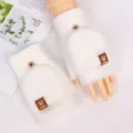 White plush flip-cover half-finger gloves, winter warm knitted mittens, white color variant. - Bear Mink Flip Cover / White