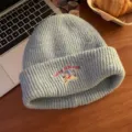 Light blue knit beanie winter warm slouchy hat cute dog embroidery casual thick skull cap - Puppy Knit Hat / Blue