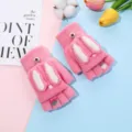 Guanti lavorati a maglia rosa mezzo dito con patta per donne caldi inverno orecchie coniglio. - Flip-Top Orecchio di Coniglio Pesca / Rosso anguria