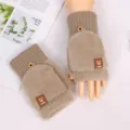 Convertible half-finger plush gloves for women, warm winter knitted khaki mittens with cute bear. - Bear Mink Flip Cover / Khaki