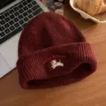 Maroon knitted beanie hat for women winter warm thick slouchy cute puppy embroidery cap stylish - Puppy Knit Hat / Burgundy