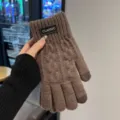 Men's winter knit touchscreen gloves, thick fleece lined warm thermal outdoor cycling mittens. - Classic Cable Knit Split Finger / Brown