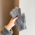 Cozy grey knitted gloves for women, soft fuzzy winter warm thermal gloves for cold outdoor days. - Dark Grey Solid Color Short Plush Full-Finger Gloves