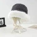 Winter quilted bucket hat with white faux fur lining, warm ear flaps and cute ties, dark grey. - Gray