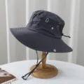 Dark grey outdoor bucket hat with wind rope, quick-dry waterproof fabric for hiking and travel. - Gray (Outdoor Style)