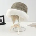 Winter warm quilted trapper hat with fluffy faux fur earflaps and cute braided ties in green - Green