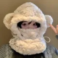 Plush bear ear balaclava winter warm windproof hat and scarf all in one for women. - ABC Bear Hat Set / Off White