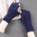 Dark blue fluffy half-finger gloves winter warm knit soft fingerless gloves for women - Two-Finger Exposed Split / Navy Blue