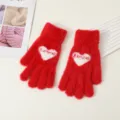 Red plush fuzzy gloves for women winter warm thick full finger mittens with sweet heart design - Five Finger Gloves / Red