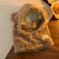 Plush Bear Ear Hooded Scarf Winter Warm Thickened Windproof Furry Beanie Hat Brown - ABC Bear Hat Set / Coffee