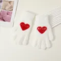 Women winter plush full finger gloves white with red heart warm thick cold weather knit mittens - Five Finger Gloves / White