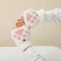Guantes de Medio Dito Pata de Gato Peluche Blanco Rosa Invierno Cálido Variante Estilo - Mitones convertibles de felpa con garra de gato blancos