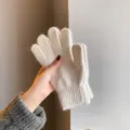 Winter warm fuzzy knit gloves for women soft fleece lined touch screen cute mittens white - White Solid Short Plush Gloves