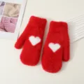 Red plush winter mittens for women featuring a cute white heart design, warm and cozy. - Fingerless Gloves / Red