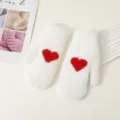 Women winter fuzzy plush mittens cute red heart thick warm cozy knit gloves casual daily wear - Fingerless Gloves / White