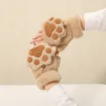 Guantes de invierno de felpa suave con pata de gato sin dedos para mujer, color kaki. - Manoplas con solapa de felpa pata de gato caqui