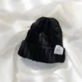 Black cable knit beanie hat, cozy thick winter warm wool cap with stylish label patch. - Black