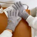 Guantes de punto grises mujer invierno cálido bonito bordado de oso táctil pantalla - Gris