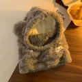 Sciarpa con cappuccio in peluche grigio orecchie d'orso cappello invernale caldo - Set Cappello Orso ABC / Khaki chiaro