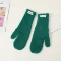 Winter women green knitted fuzzy mittens warm solid color outdoor gloves warm new - Green
