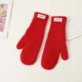 Women winter red knitted mittens warm thick fleece wool gloves cute casual daily wear gear - Red