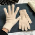 Beige Fuzzy Knit Winter Gloves for Women, Soft Warm Full Finger Thermal Hand Warmers. - Full Finger Gloves / Beige