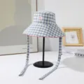 Blue and white checkered bucket hat for women, outdoor sun protection visor with long straps. - Plaid Double Sided Bucket Hat / Blue